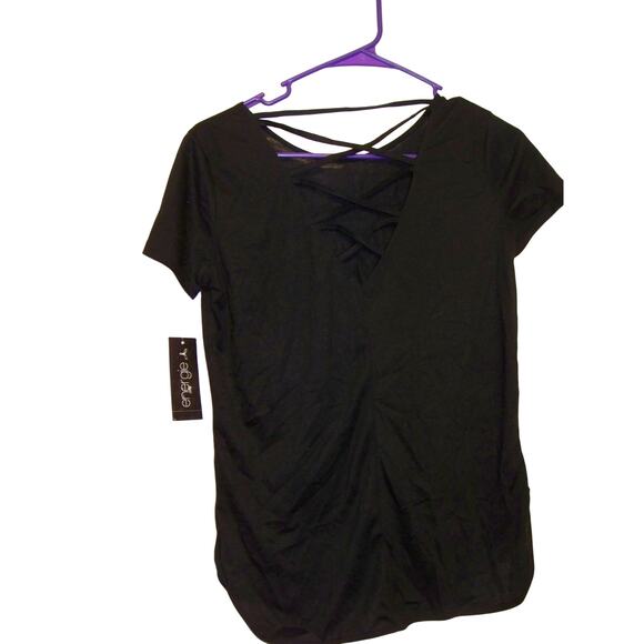 Energie Women's Black Size S "Turn up" Short Sleeve Criss-Cross Back T-Shirt NWT - Picture 2 of 2